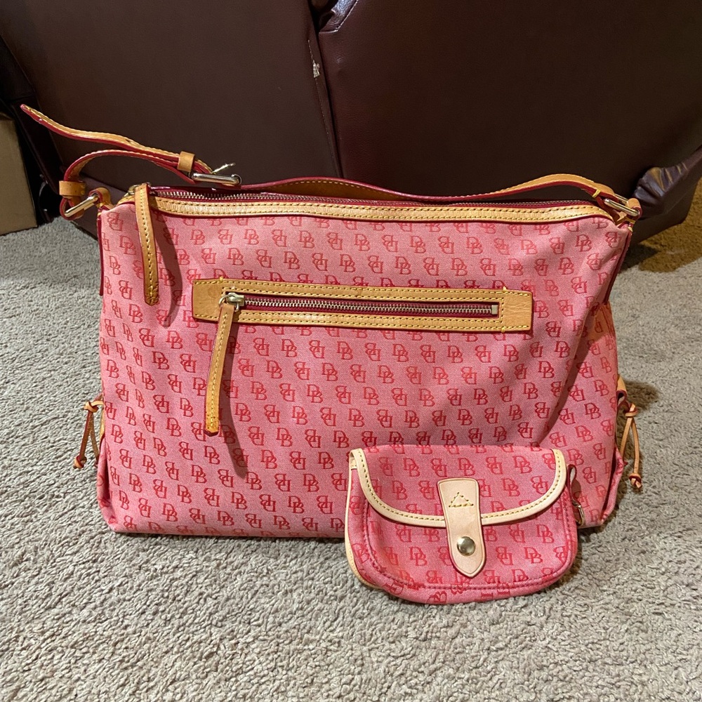 Dooney & Bourke Red Canvas Signature Logo Leather Trim Shoulder Bag & Coin Purse